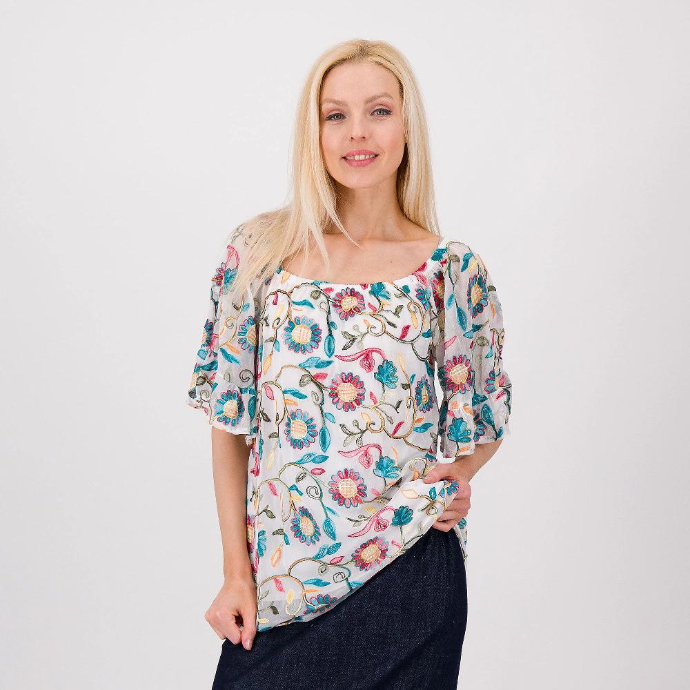 QVC Nina Leonard Maglia in voile ricamato con manica con volant
