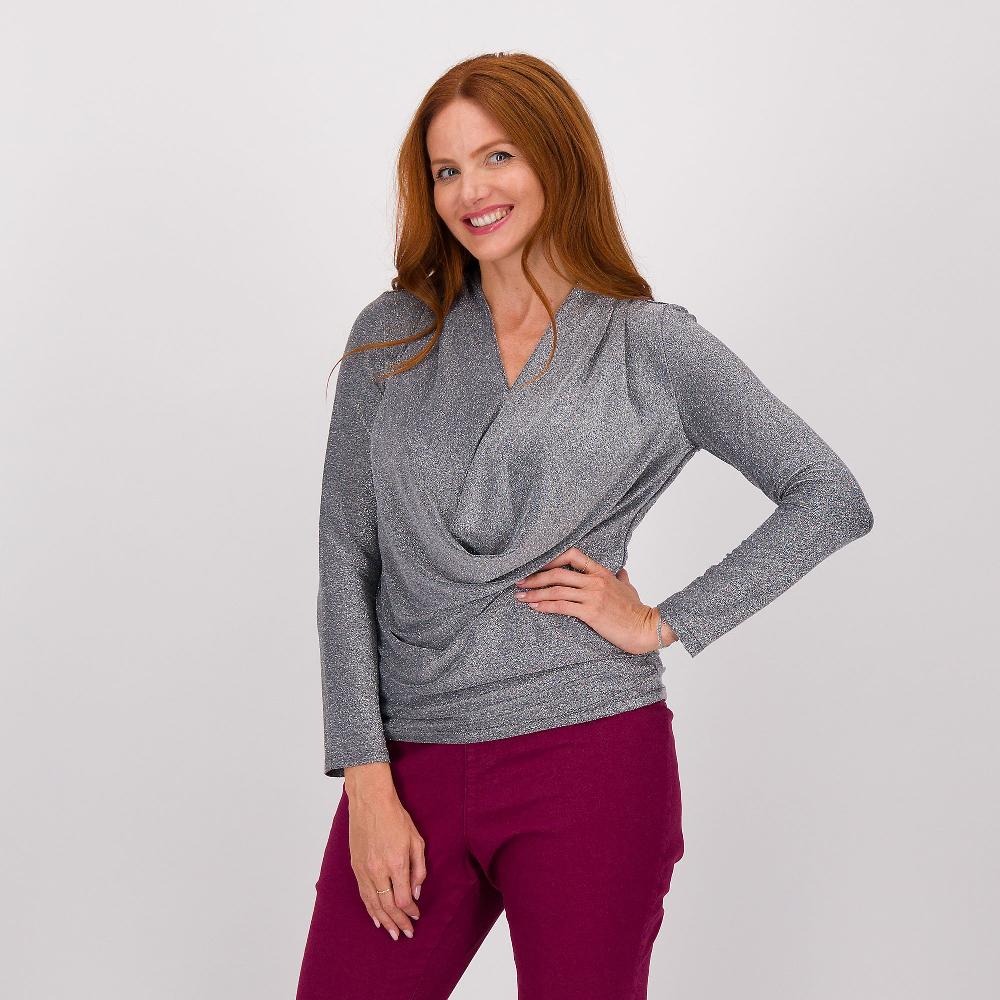 QVC Nina Leonard Maglia manica lunga in jersey lamé con drappeggio