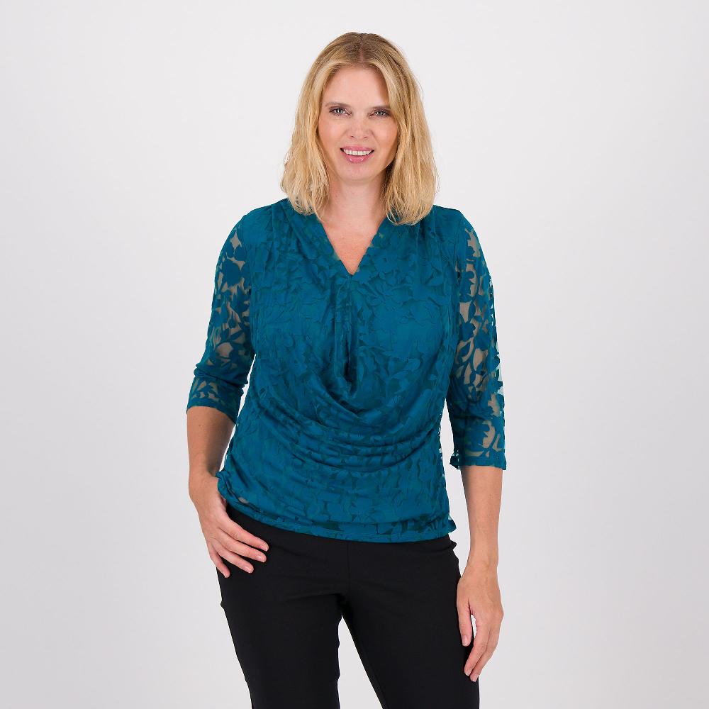 QVC Nina Leonard Maglia maniche 3/4 in tulle devoré con corpino doppiato