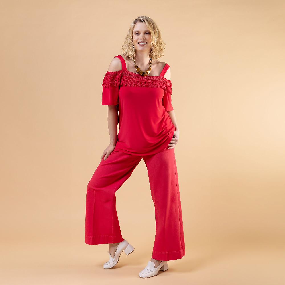 QVC Nina Leonard Maglia Spalle Nude Con Fascia In Pizzo E Maniche Al Gomito