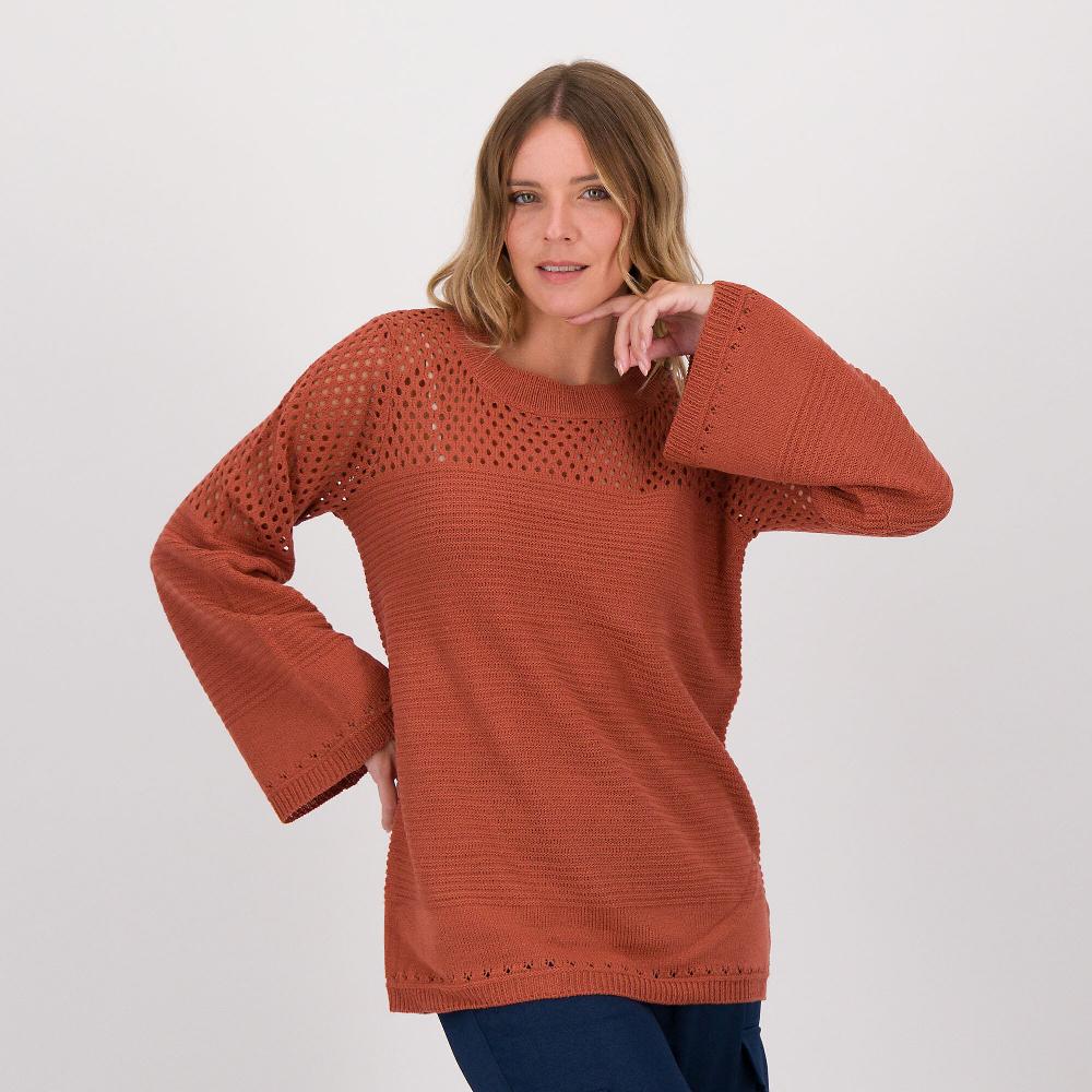 QVC Nina Leonard Maglione girocollo carré a maglia aperta e maniche al polso