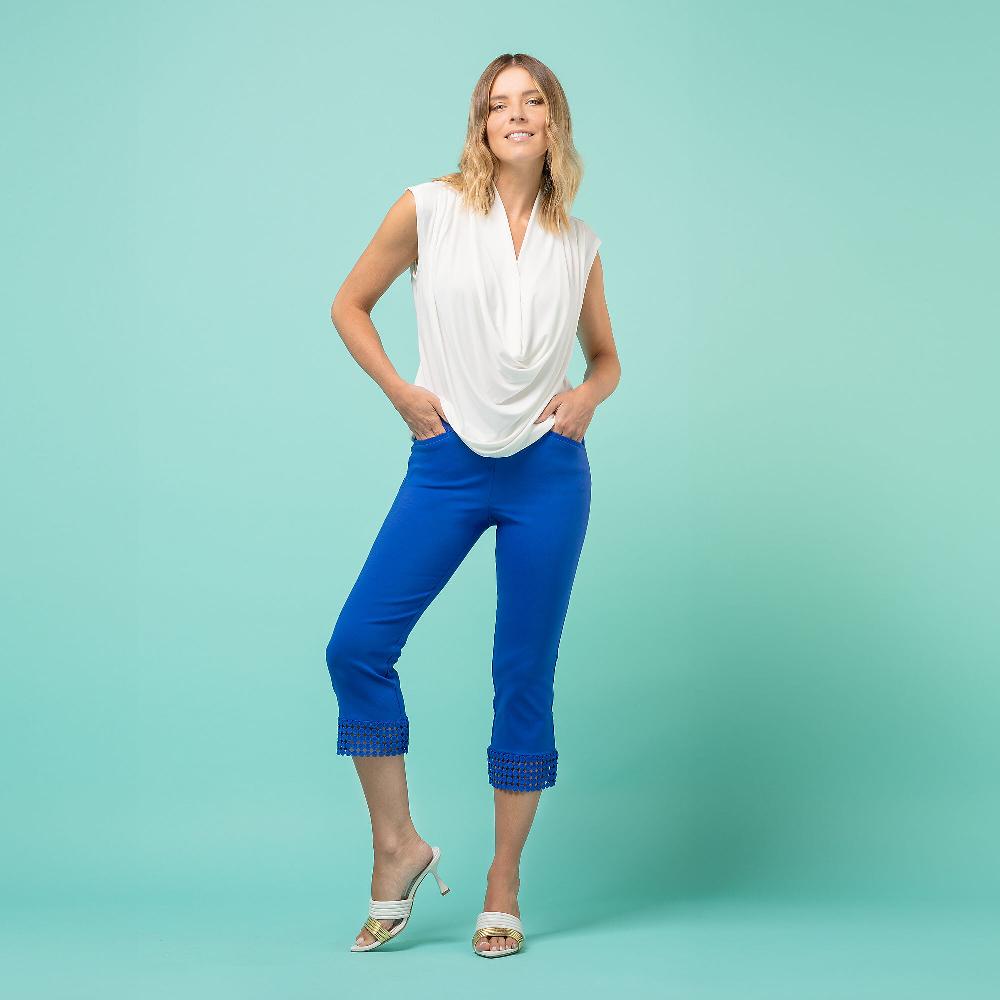 QVC Nina Leonard Pantaloni Cropped In Misto Viscosa Banda In Pizzo A Fondo Gamba