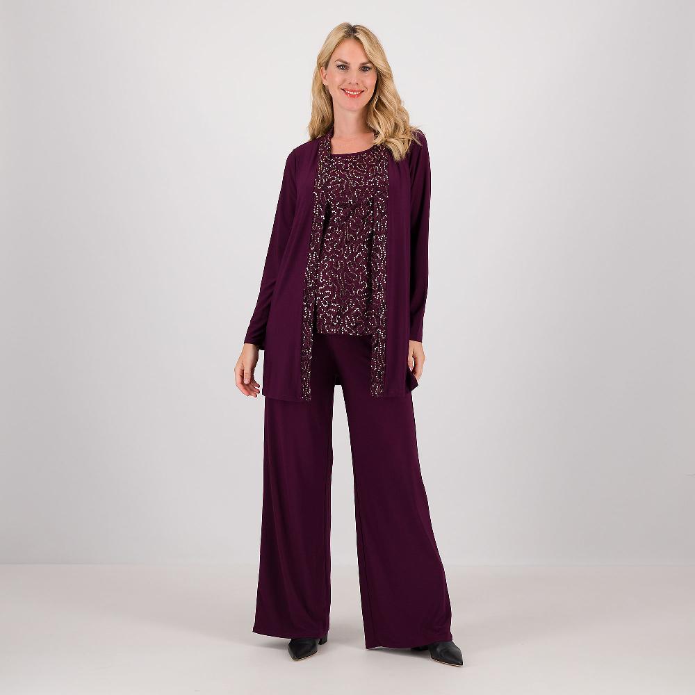 QVC Nina Leonard Set Di 3 Pezzi: Cardigan Bordo Pizzo Canotta In Pizzo Pantaloni Gamba Ampia