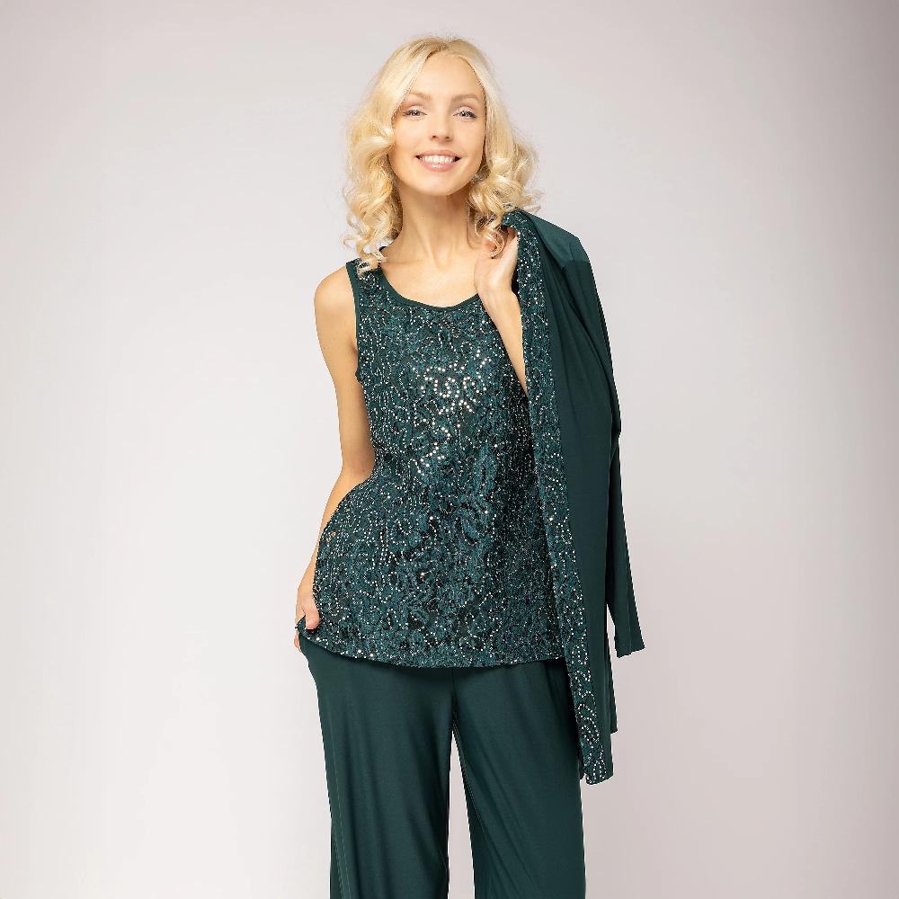 QVC Nina Leonard Set di 3 pezzi: Cardigan bordo pizzo Canotta in pizzo Pantaloni gamba ampia