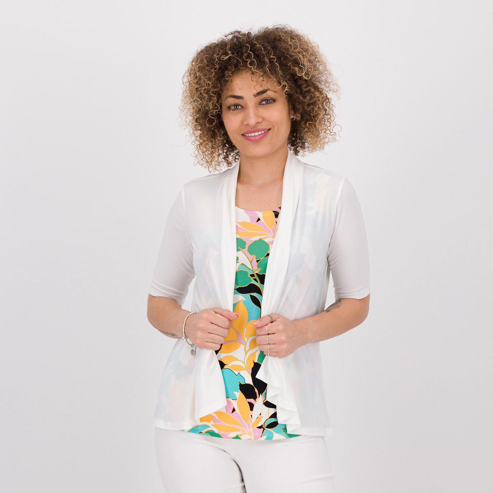 QVC Nina Leonard Set di 3 pezzi: Cardigan tinta unita Canotta fantasia Maglia tinta unita
