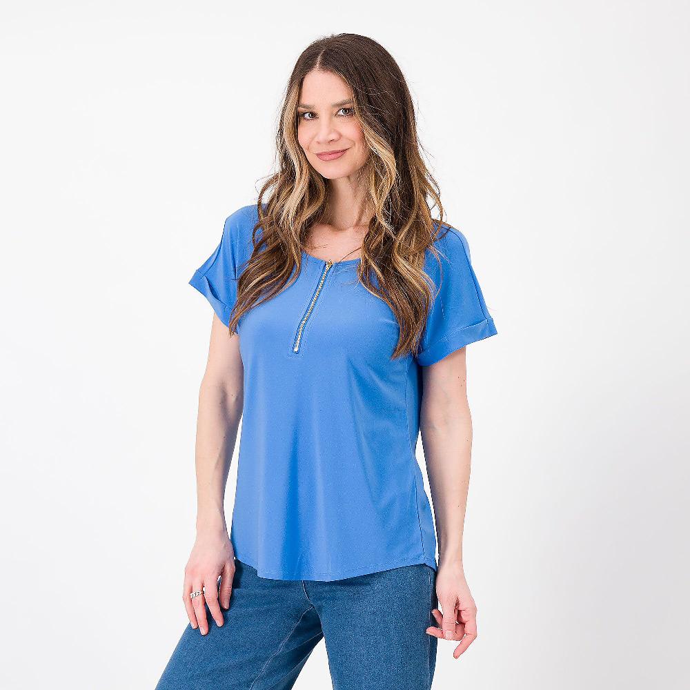 QVC Nina Leonard T-shirt con manica corta e scollo con zip
