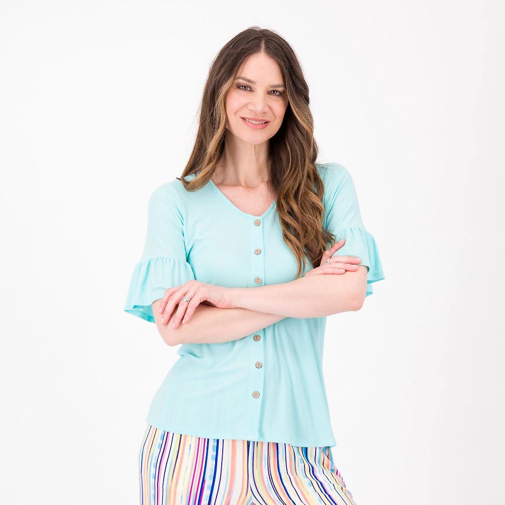 QVC Nina Leonard T-shirt in jersey con scollo a V e bottoni in cocco
