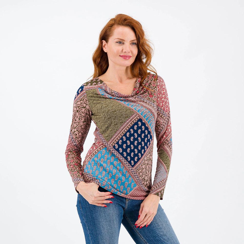 QVC Nina Leonard T-shirt in jersey fantasia a maniche lunghe con drappeggio