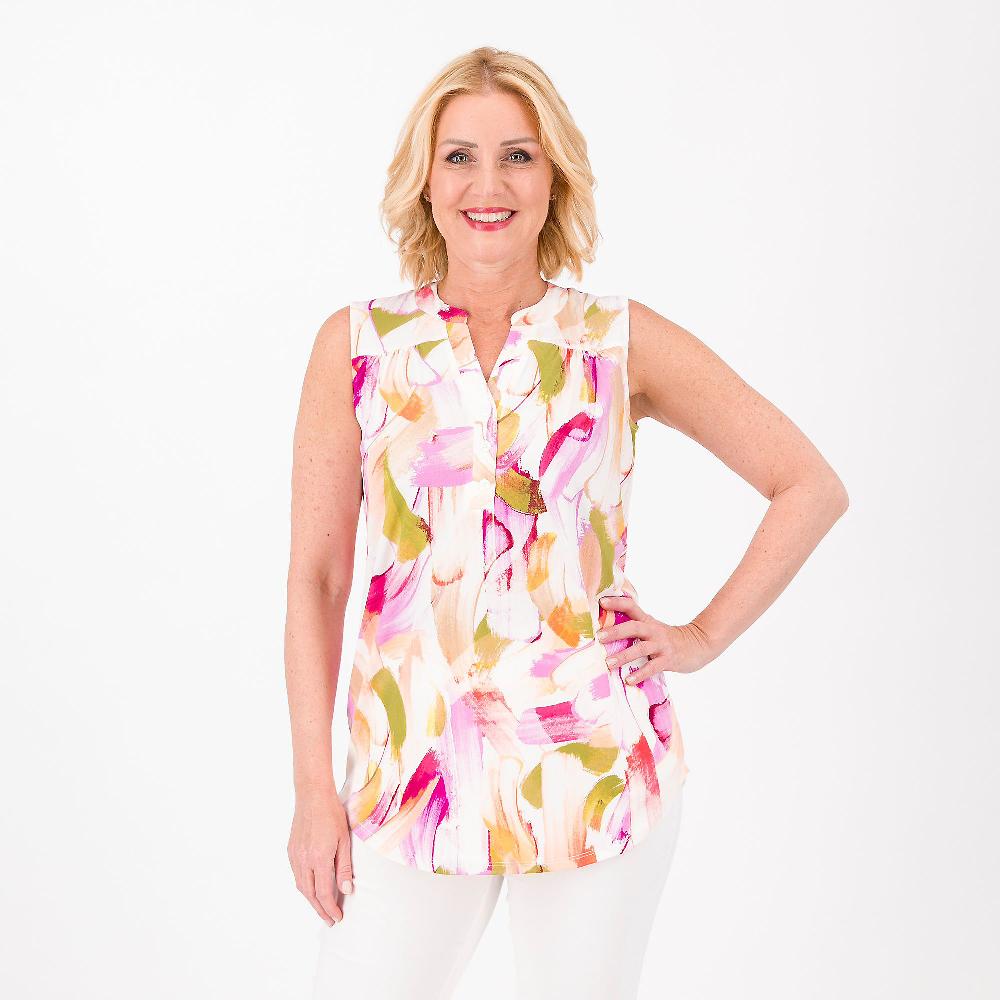 QVC Nina Leonard Top smanicato in jersey fantasia con bottoni