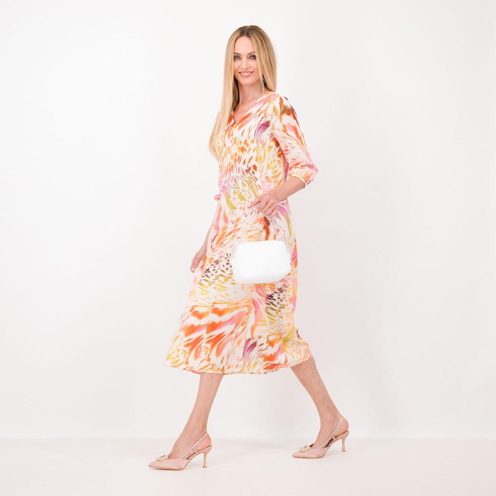 QVC Officina Della Moda Abito Lungo Scollo V In Raso Fantasia Linea Sciancrata Made In Italy