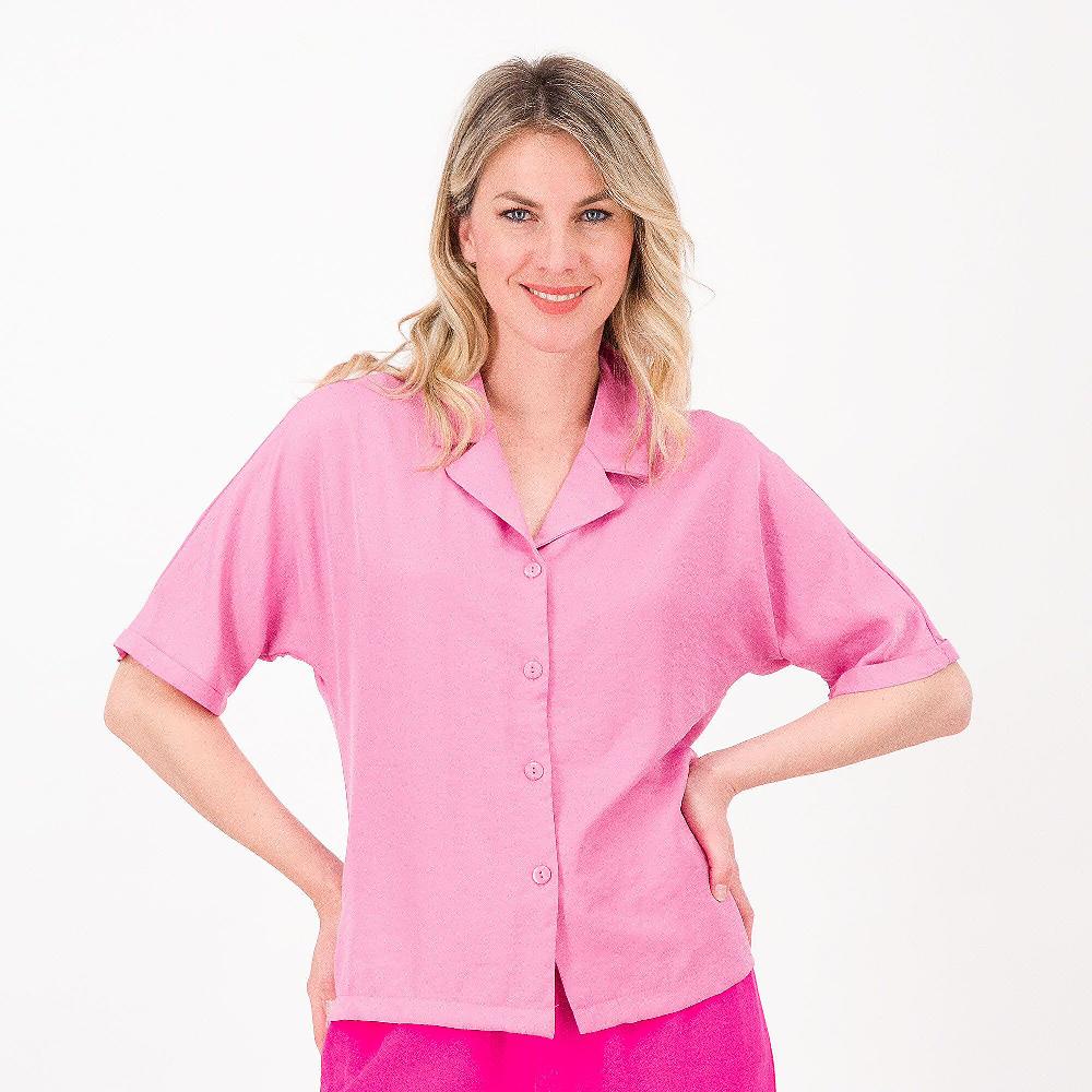 QVC Officina della Moda Camicia collo rever In raso martellato misto viscosa Made in Italy