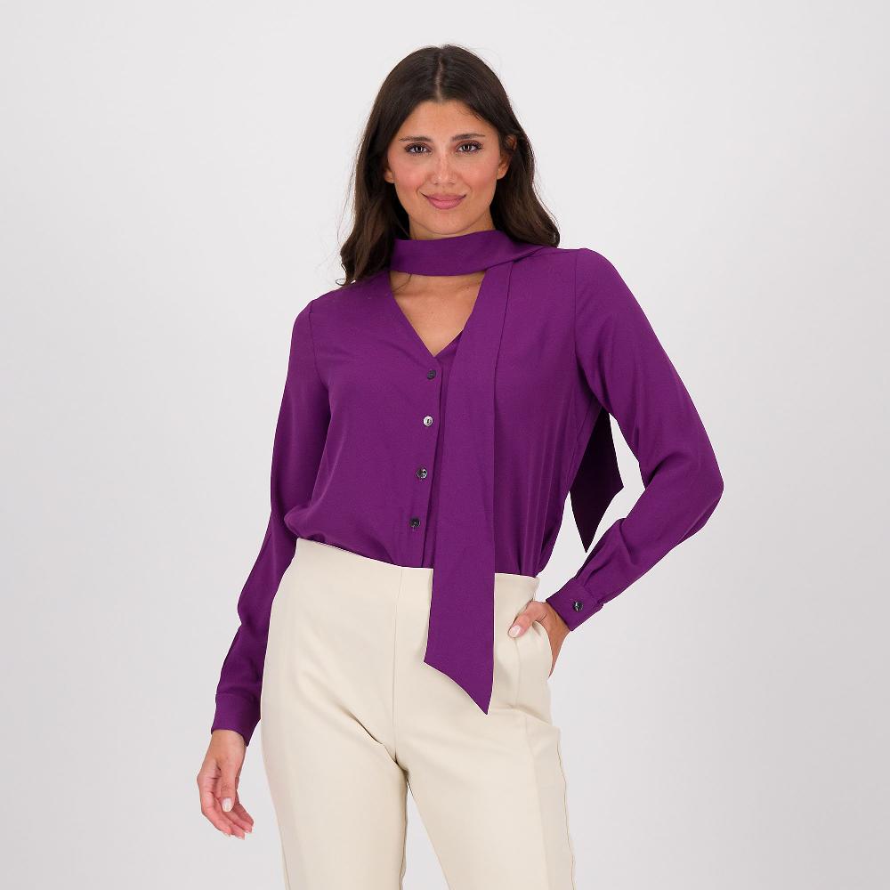 QVC Officina della Moda Camicia in raso opaco con fiocco davanti e maniche lunghe