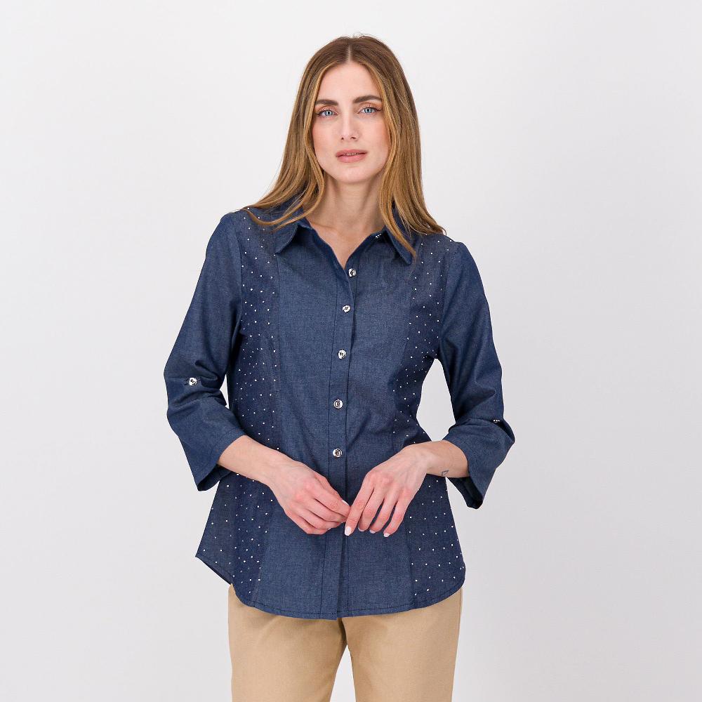 QVC Officina della Moda Camicia in tessuto effetto jeans con inserti applicazione borchiette