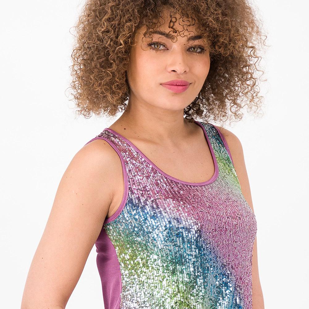 QVC Officina Della Moda Canotta Scollo Tondo In Paillettes Degradè Dietro Jersey Lucido Made In Italy