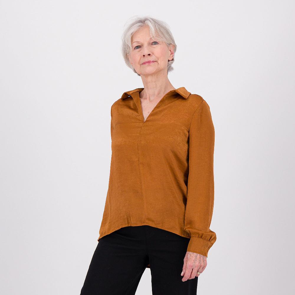 QVC Officina della Moda Maglia in crêpe con collo a camicia e maniche lunghe