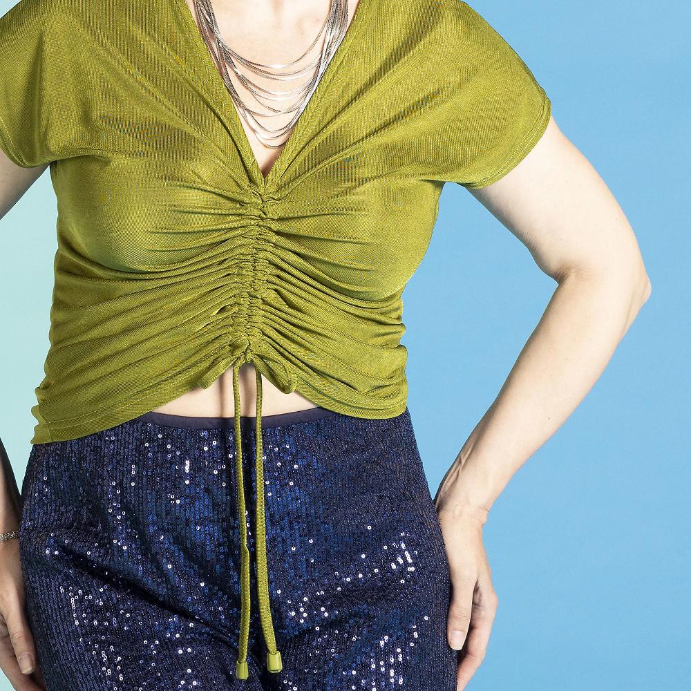 QVC Officina Della Moda Maglia In Jersey Lucido Con Motivo Coulisse Davanti Made In Italy