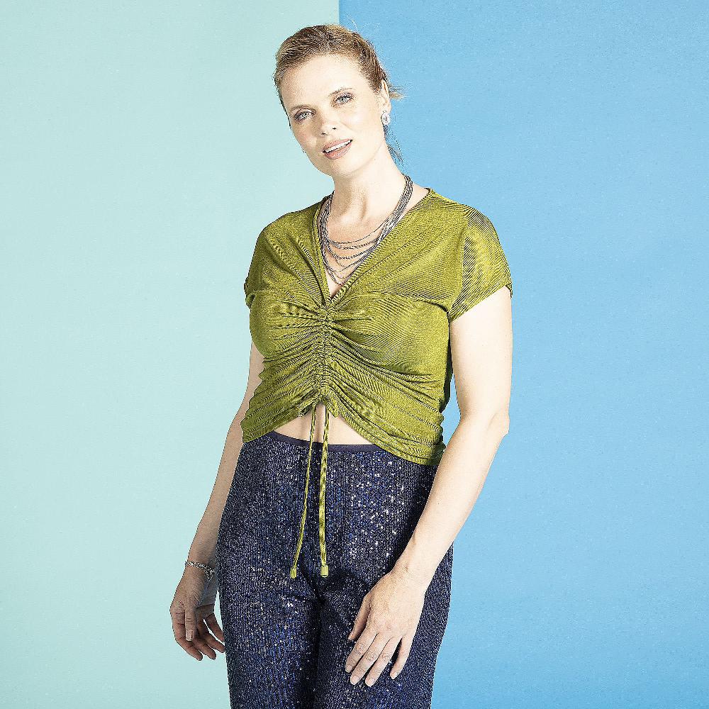QVC Officina Della Moda Maglia In Jersey Lucido Con Motivo Coulisse Davanti Made In Italy
