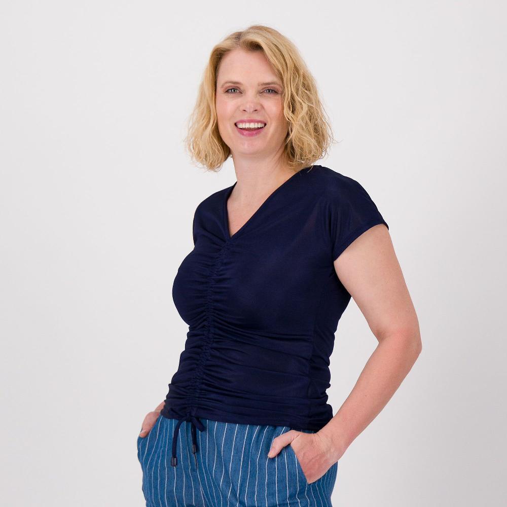 QVC Officina della Moda Maglia in jersey lucido con motivo coulisse davanti Made in Italy