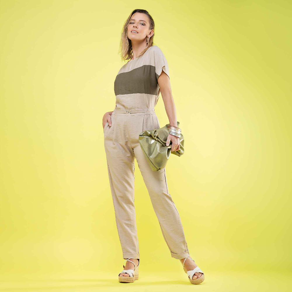 QVC Officina Della Moda Pantaloni A Carota In Tessuto Mosso Misto Viscosa E Accessorio Made In Italy