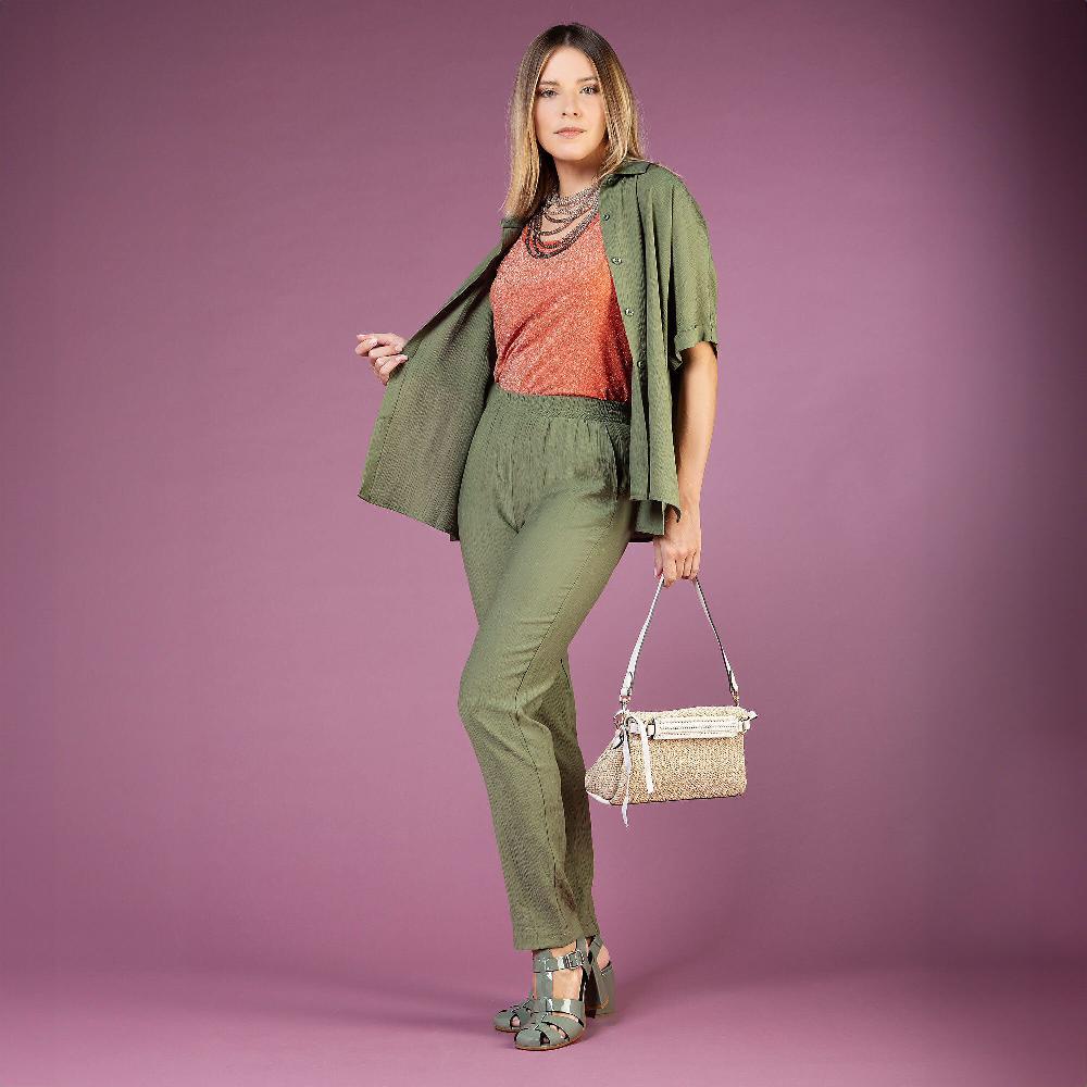 QVC Officina Della Moda Pantaloni A Sigaretta Tessuto Misto Viscosa Effetto Corteccia Made In Italy