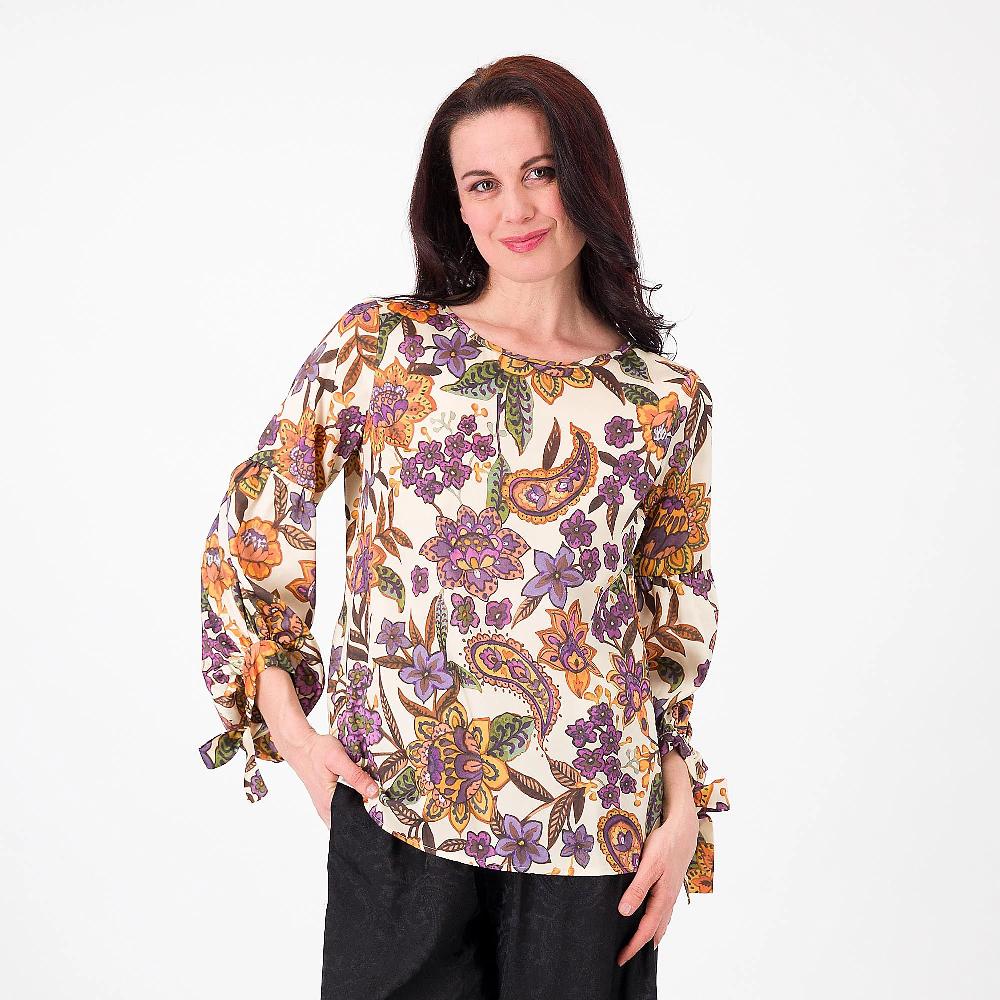 QVC Olly Doo Blusa fantasia in raso. Manica balloon scesa con fiocco. Made in italy