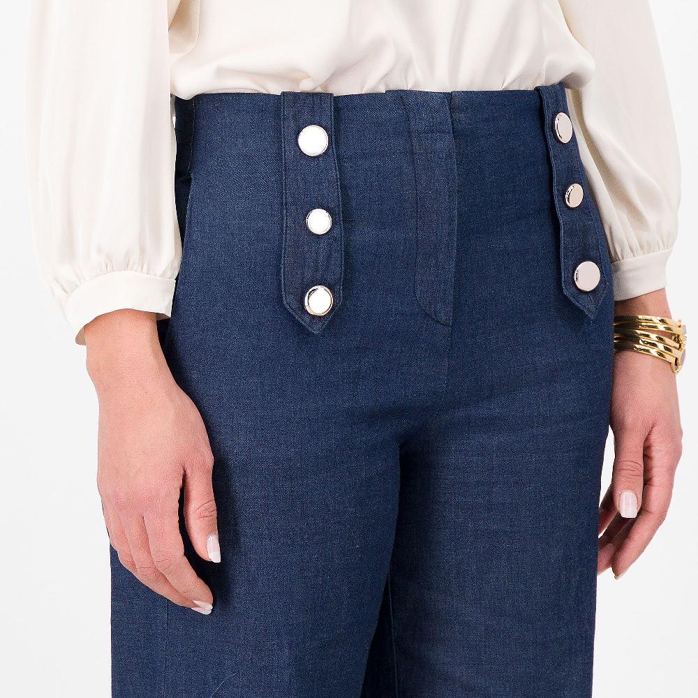 QVC Olly Doo Pantaloni Linea Ampia Tessuto Jeans Dettaglio Bottoni Made In Italy