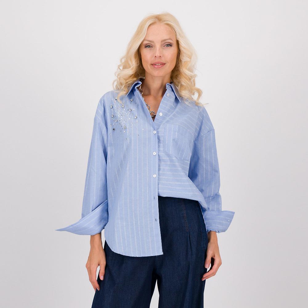 QVC PALAZZO MODA Camicia in popeline misto cotone gessato con strass