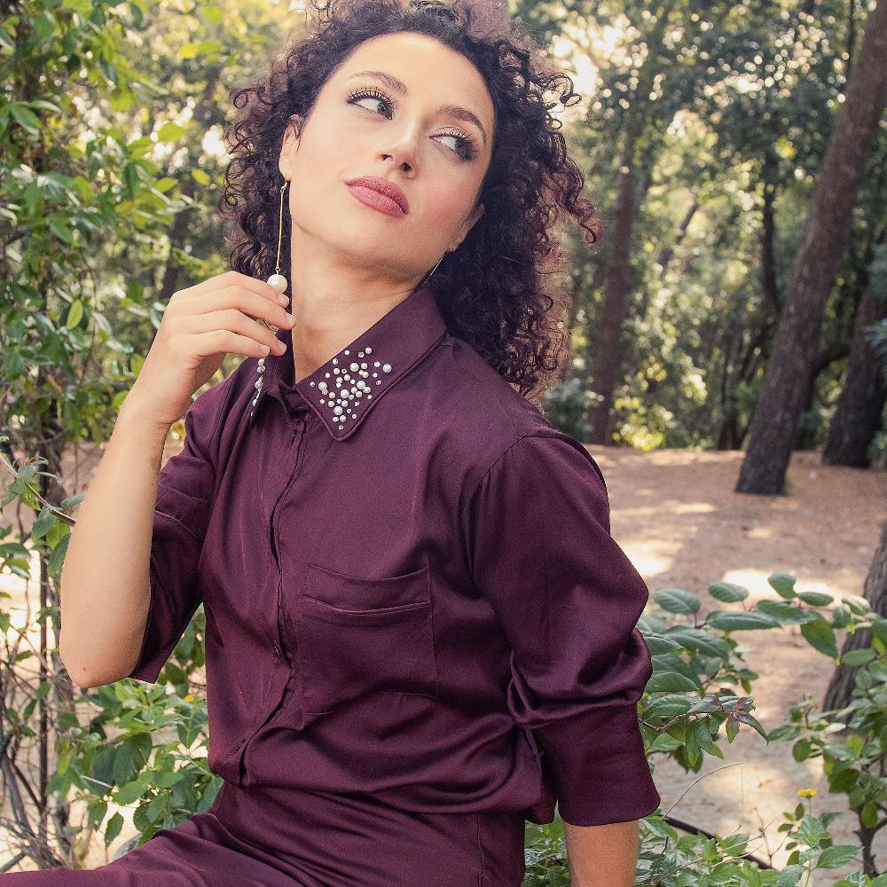 QVC PALAZZO MODA Camicia In Raso Di Viscosa Stretch Con Perle E Cristalli
