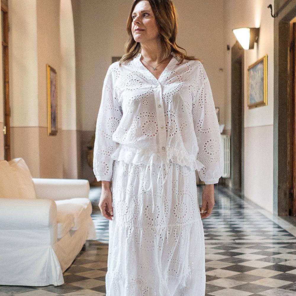 QVC PALAZZO MODA Gonna Lunga A Balze In Pizzo Sangallo Con Elastico In Vita