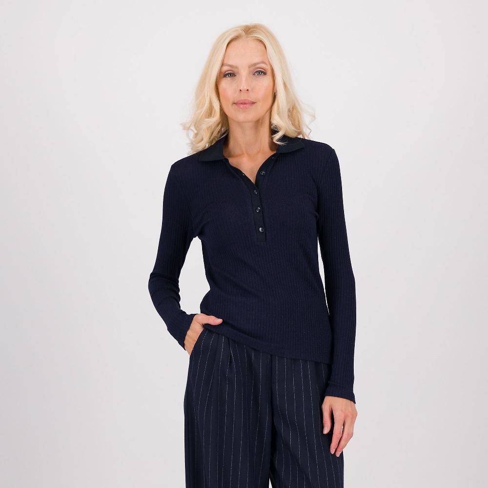 QVC Palazzo Moda Maglia polo in costina lamé con maniche lunghe