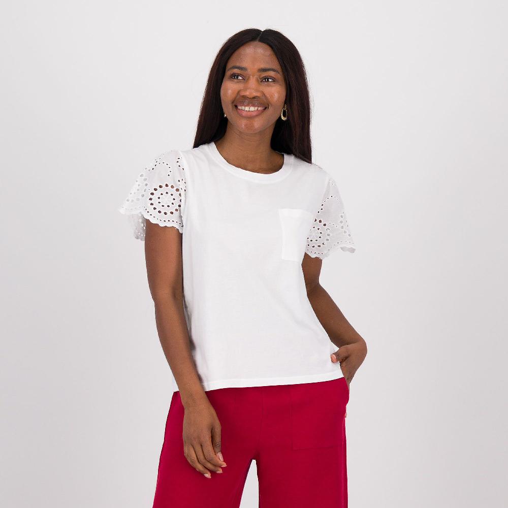 QVC PALAZZO MODA T-shirt cotone con taschino e maniche sangallo