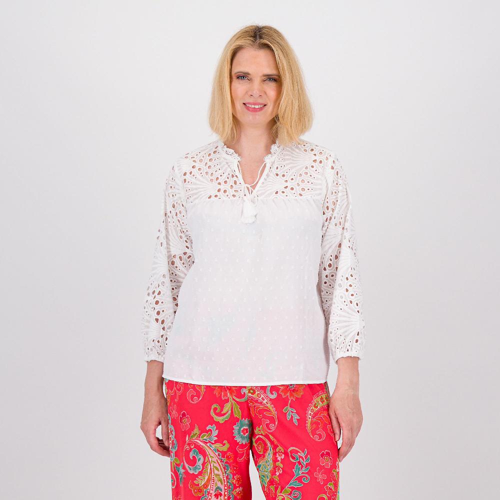 QVC PARKER & ROWE Blusa con pizzo sangallo con manica lunga a sbuffo