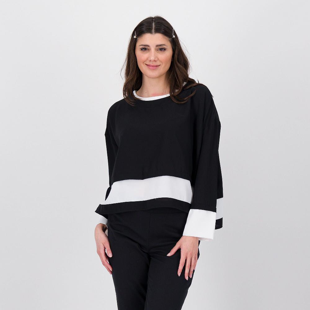 QVC Enjoy Blusa ampia bicolore a maniche lunghe