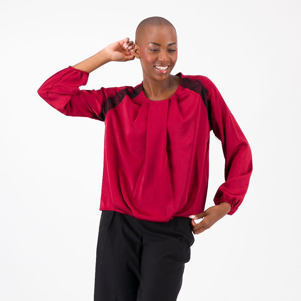 QVC Enjoy Blusa in raso motivo pieghe con pizzo