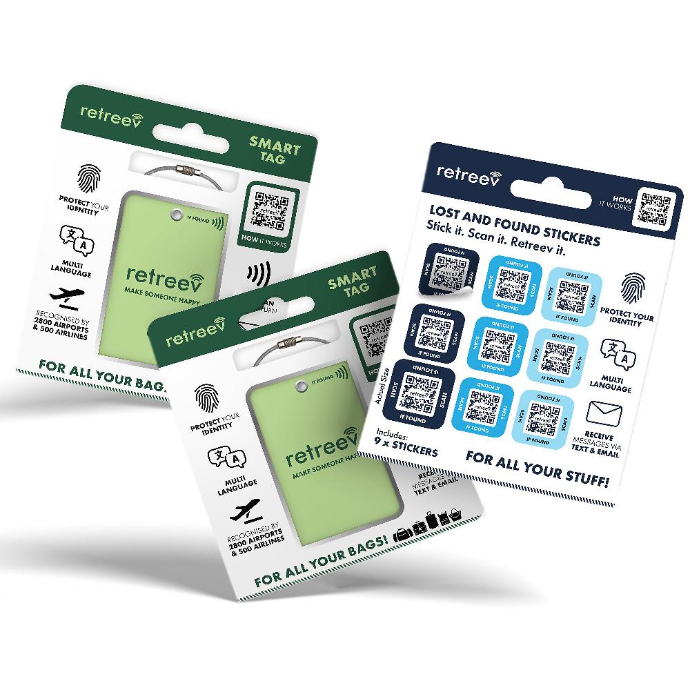 QVC RETREEV Set di 2 etichette e 9 adesivi QR per bagagli