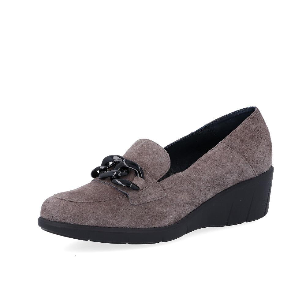 QVC Soffice Sogno Mocassini in pelle scamosciata motivo catena zeppa 5 cm