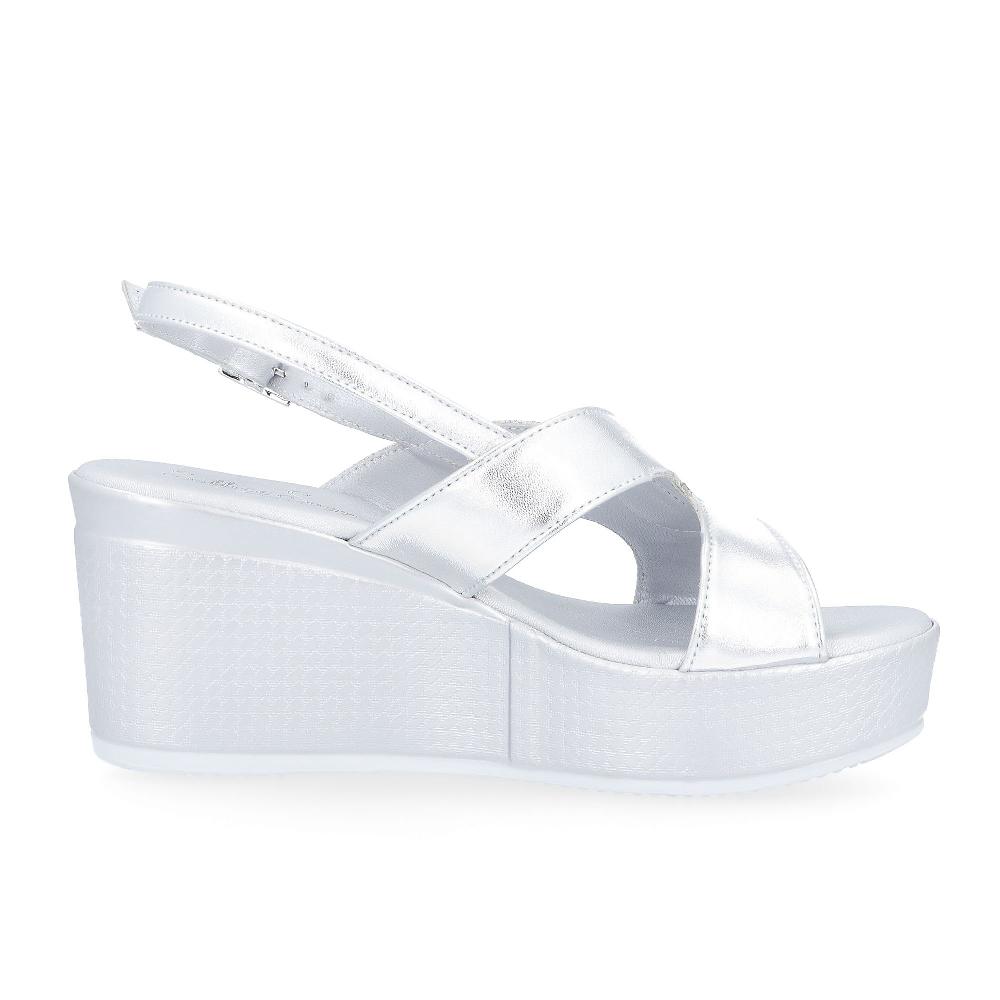 QVC Soffice Sogno Sandalo In Pelle Laminata E Tessuto Glitter Zeppa 8 Cm