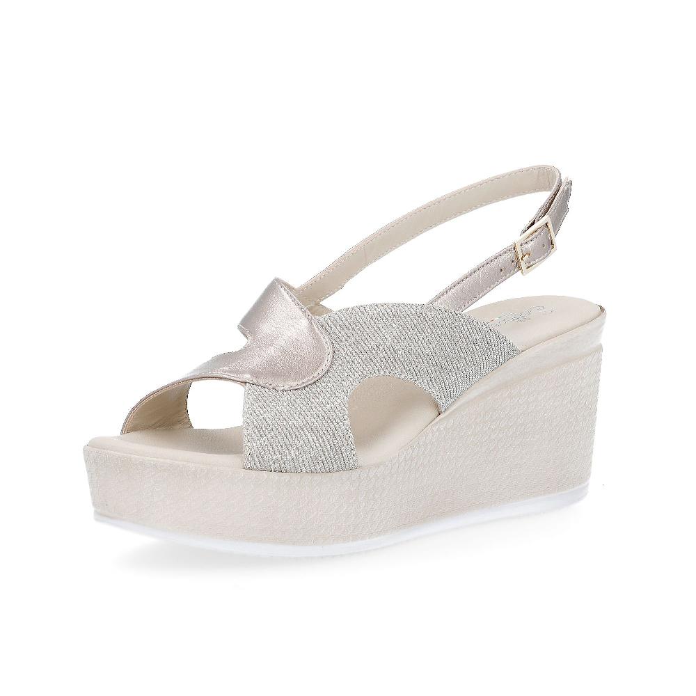 QVC Soffice Sogno Sandalo in pelle laminata e tessuto glitter zeppa 8 cm