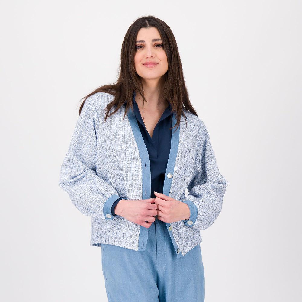 QVC SottoMarino Cardigan In Maglia Effetto Tweed Con Inserti In Denim