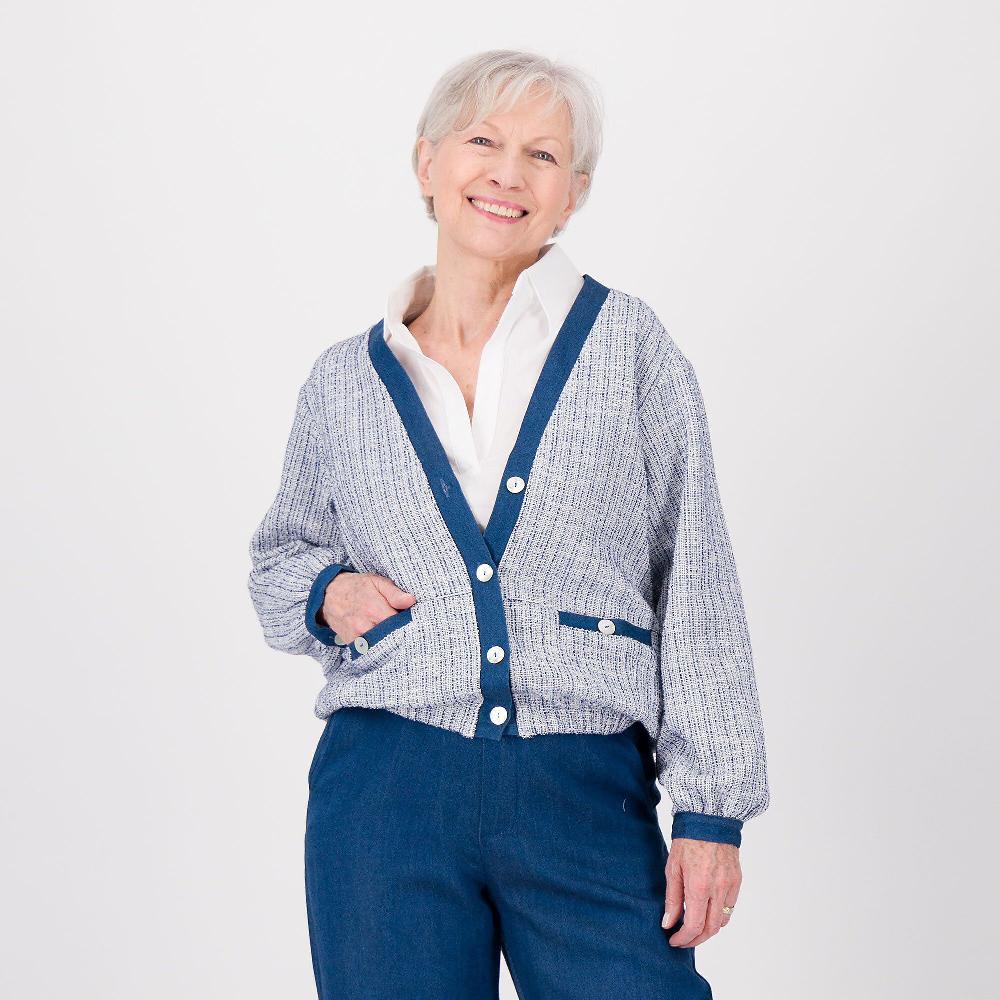 QVC SottoMarino Cardigan in maglia effetto tweed con inserti in denim