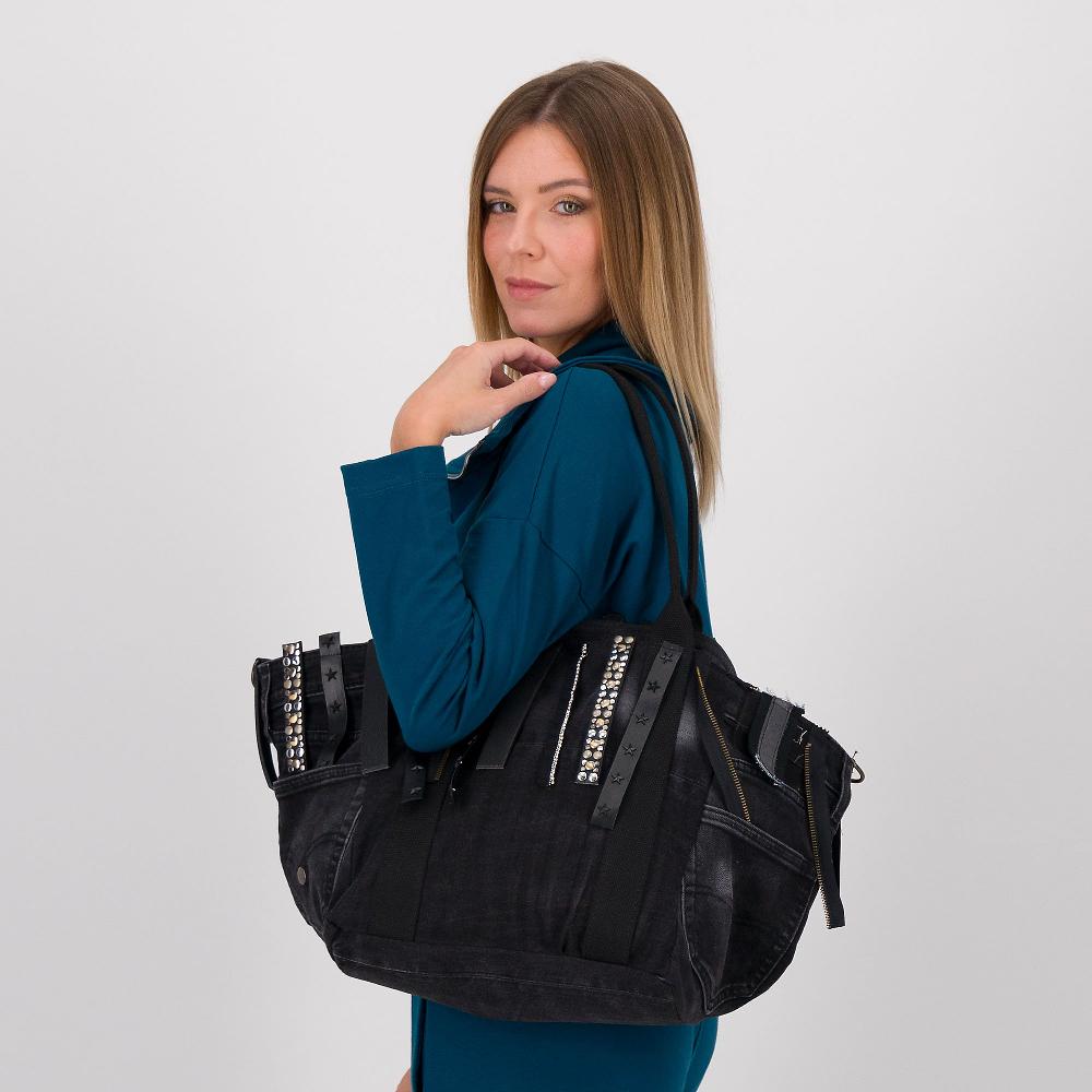 QVC Stefano Ghilardi Borsa A Spalla In Tessuto Jeans Con Frange In Pelle