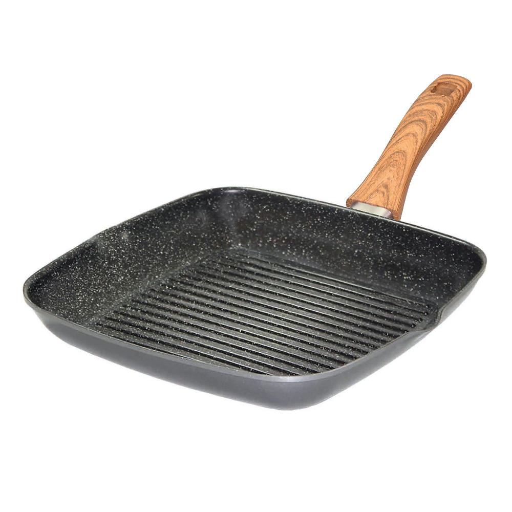 QVC Stoneline Griglia Quadrata In Alluminio 28cm Manico Effette Legno