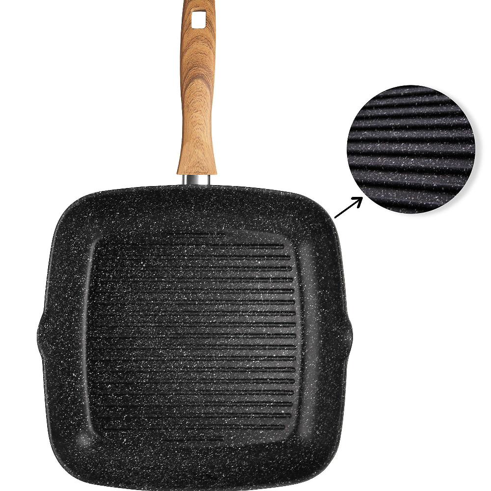 QVC Stoneline Griglia Quadrata In Alluminio 28cm Manico Effette Legno