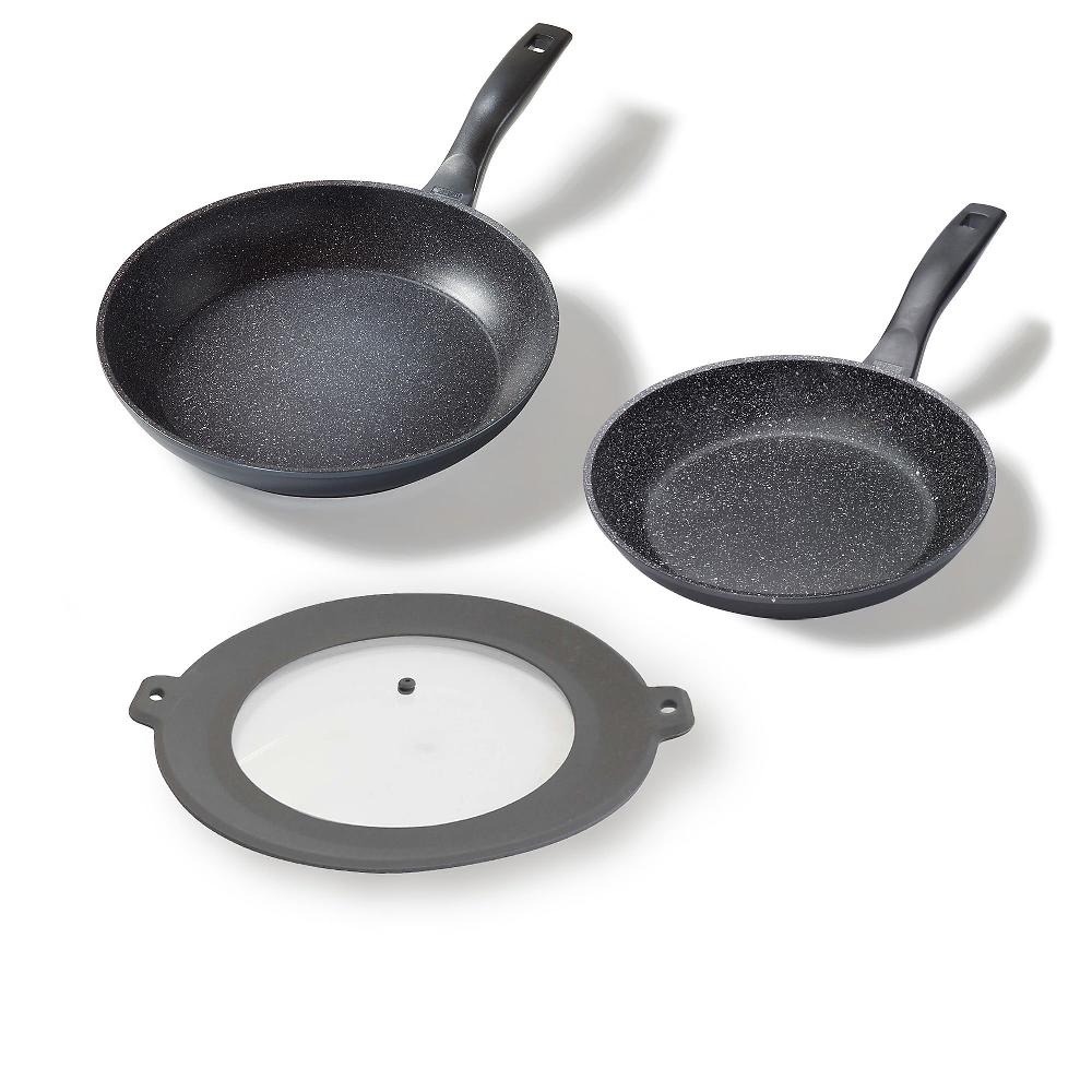 QVC Stoneline Set 2 padelle antiderenti+coperchio in vetro multi-misura