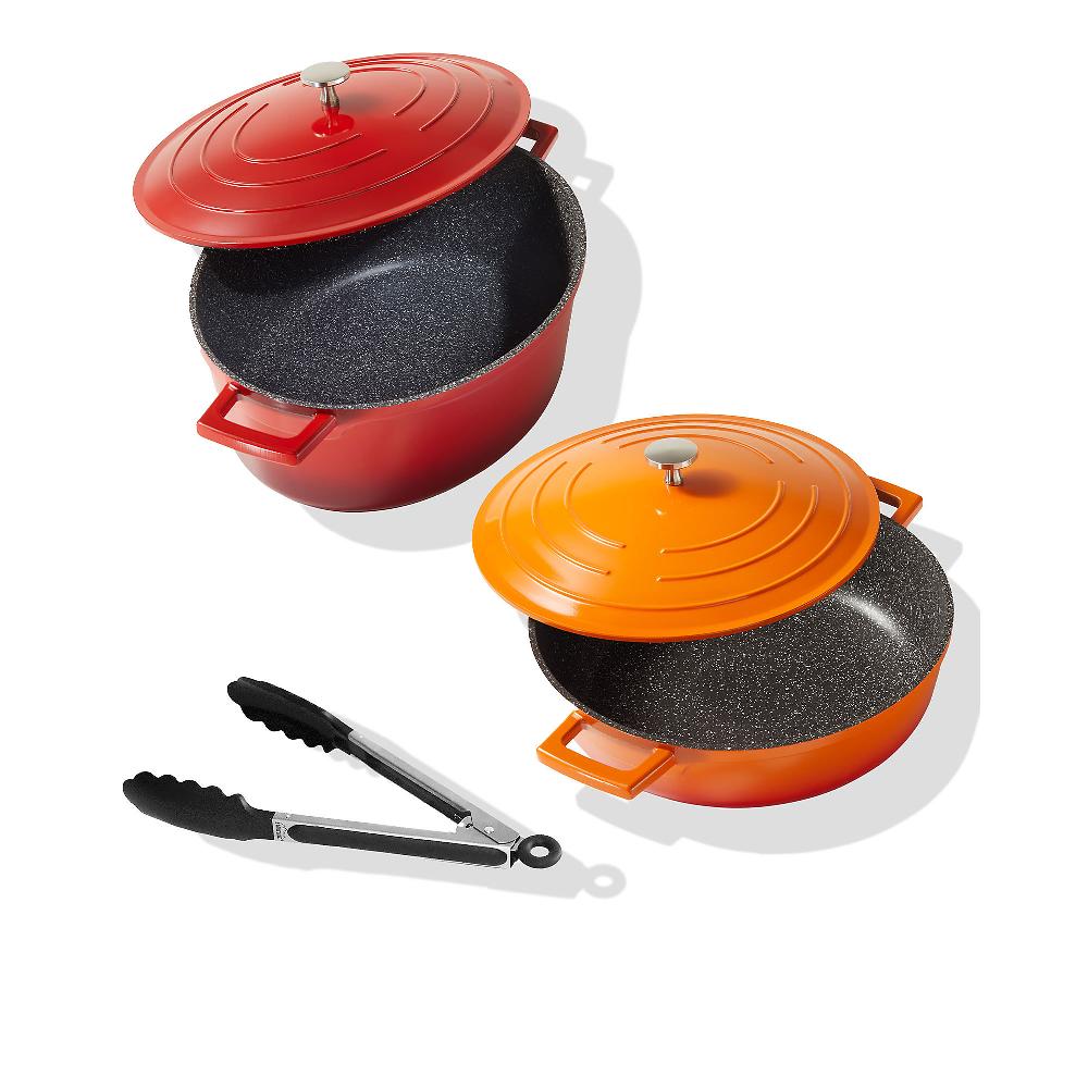 QVC Stoneline Set 2 rostiere antiaderenti 28cm con coperchio e pinza