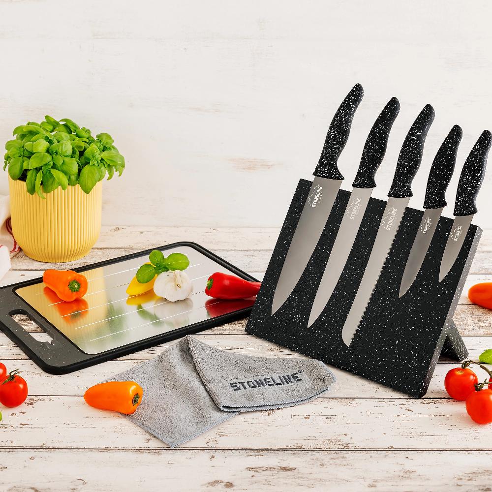QVC Stoneline set tagliere 4in1 + ceppo coltelli + panno microfibra