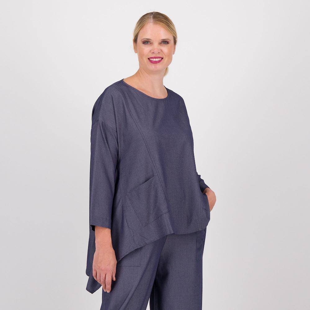 QVC Studio 19 Blusa ampia in tessuto chambray con tasche oblique