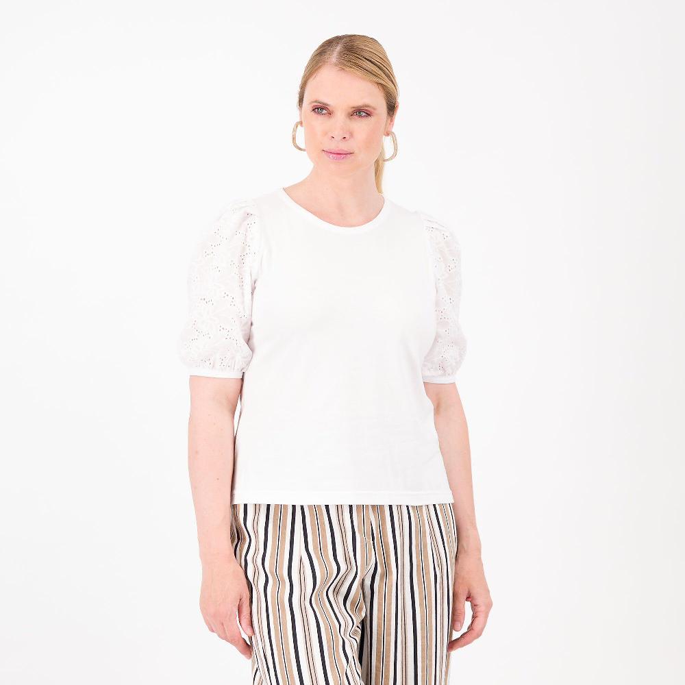 QVC Studio 19 Maglia in jersey di cotone stretch Maniche in sangallo Made in Italy