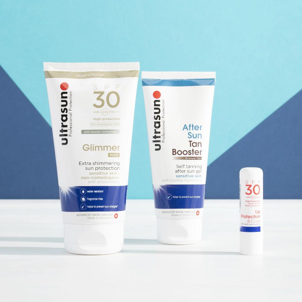 QVC Ultrasun Glimmer Max SPF30 + Aftersun Tan Booster + Lip Protection SPF30
