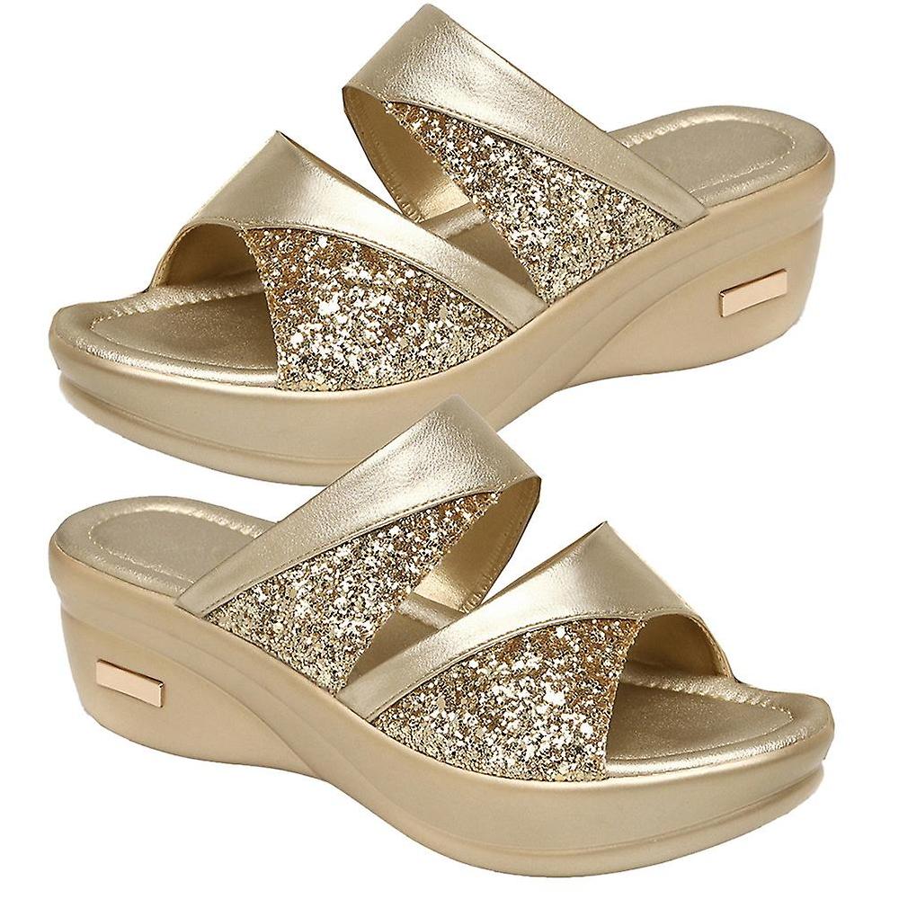 1 Pair Thick Wedge Sole Slipper Summer Female Sandals Stylish Fish Mouth Wedges Mom Shoes Outdoor Casual Slippers For Women Wearing (Golden Size 41 8
